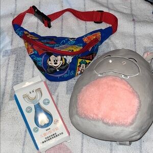 Kids Cartoon Character Fanny Pack - Blue and Red & Toothbrush and squishmallow